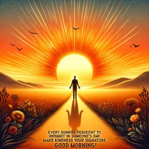 Rise, shine, and greet the world with a heart full of hope. Each morning brings a brand new chapter in the story of your life, lift the veil of fear and let the sunlight of your dreams guide your path.

As you step into the day, remember, the struggle you're feeling today is building the strength you need for tomorrow. Rise above the storm and you will find the sunshine.

Every sunrise presents an invitation to brighten someone's day. Make kindness your signature. Good morning!

Embrace the day with positivity in your heart and persistence in your actions. As long as you're breathing, there's always room for better.

Good morning! Remember, your journey to success might be slow, but it's progress. Keep pushing, stay focused, and never let small setbacks hinder your big dreams.

Remember, achieving your dreams is a marathon, not a sprint. Every step, no matter how small, is progress. Good morning and make every moment count!