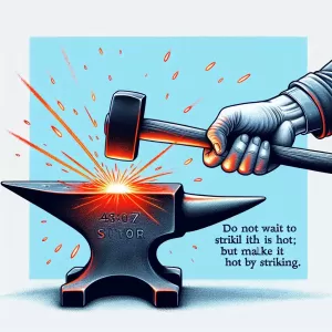 Quote by William Butler Yeats: Do not wait to strike till the iron is hot; but make it hot by striking.